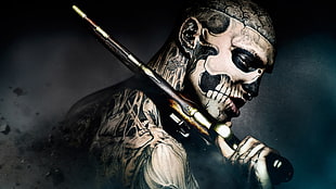 man with skeleton holding gun graphic HD wallpaper