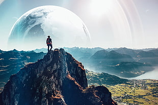 man standing on top of mountain, landscape, planet, men, fantasy art HD wallpaper