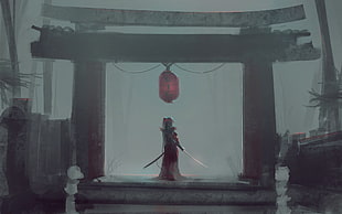 red torii illustration, Japan, temple, sword, lamp HD wallpaper