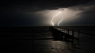 black and brown wooden dock, lightning, sea, sky, night HD wallpaper