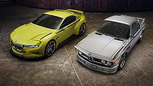 two silver and yellow BMW cars, BMW 3.0 CSL, car HD wallpaper