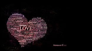 heart-shaped texts, typography, text, word clouds, black background