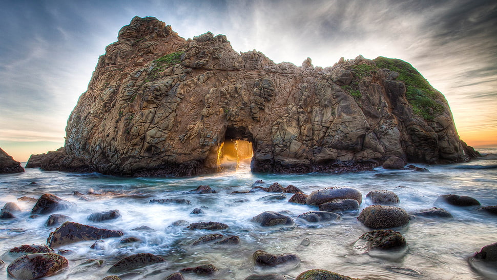 brown rock formation, nature, waves, HDR, stones HD wallpaper