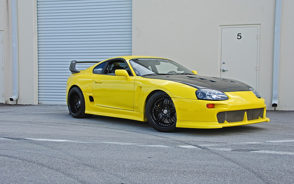 yellow and black coupe, car, yellow cars, Toyota Supra, tuning HD wallpaper