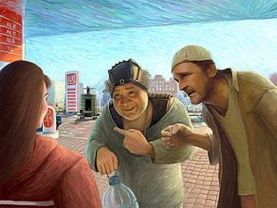 two men talking to woman painting HD wallpaper