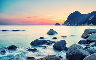 grey boulders and hillside by shore at daytime