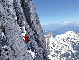 red hooded jacket, climbing, heights, mountains, nature HD wallpaper