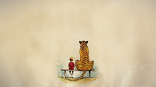 boy and tiger sitting print, comics, minimalism, Calvin and Hobbes HD wallpaper