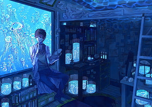 male anime character wallpaper, anime, aquarium, scientists, laboratories HD wallpaper