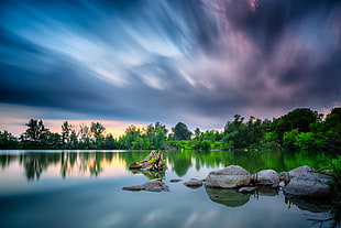 time-lapse reflection photography of trees and river HD wallpaper