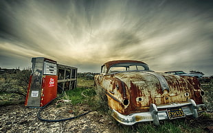 vintage brown vehicle, wreck, car, vehicle, HDR HD wallpaper