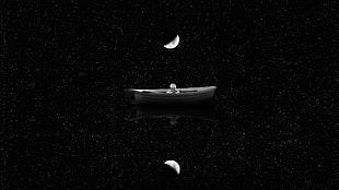 grayscale illustration of boat and quarter moon HD wallpaper