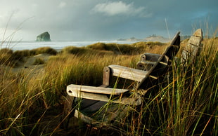 two brown wooden armchairs, nature, beach, sea, chair