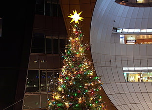 green Christmas tree with string lights and ornaments