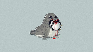 gray seal eating penguin cartoon, animals, minimalism HD wallpaper