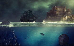 black sailboat near castle digital wallpaper, castle, sea, ship HD wallpaper