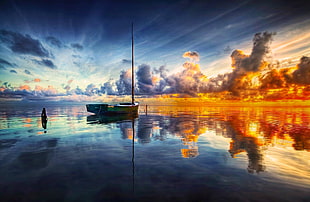 white boat on sea 3D wallpaper, sea, clouds, boat, reflection HD wallpaper