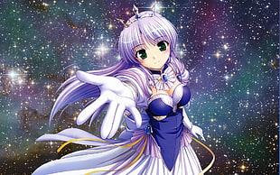 female anime character with crown and blue dress and stars in background HD wallpaper