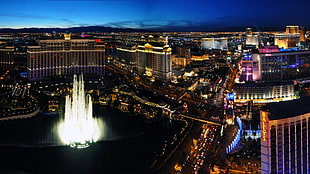 high-rise building, Las Vegas, cityscape, lights, fountain HD wallpaper