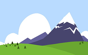 green field against snow caped mountain background illustration