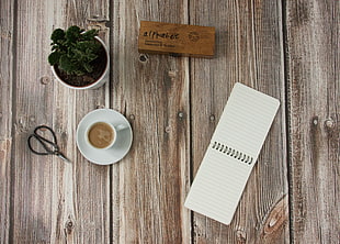 white ceramic mug beside black handled scissors