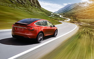 red and black convertible coupe, Tesla Model X, car, motion blur, road HD wallpaper