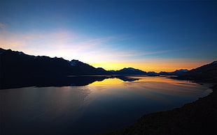 silhouette mountain, nature, lake, sunset, reflection HD wallpaper