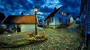 panoramic view of light post near white and brown house under stratoscumulos clouds HD wallpaper