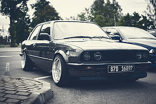 black BMW car, old car, car, morning, evening HD wallpaper