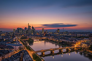 brown and black boat near body of water, city, building, Frankfurt