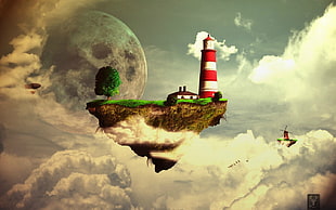 red and white lighthouse illustration, music, Gorillaz, Jamie Hewlett