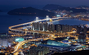 photography of bridge on body of water during night time