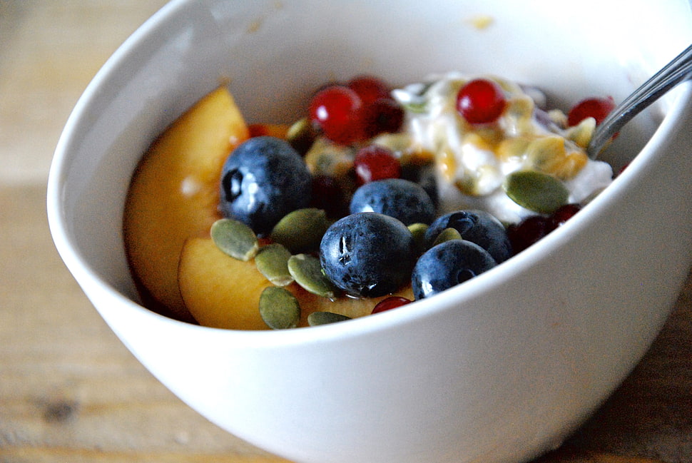 round white ceramic bowl with fruit salad HD wallpaper