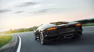 black Lamborghini sports coupe, car, Lamborghini Aventador, road, motion blur HD wallpaper