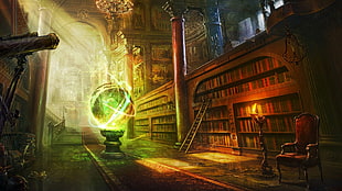 lighted globe near book shelf digital wallpaper, magic, castle, fantasy art, library HD wallpaper