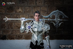 men's gray knight suit, Aion Online, cosplay, axes, armor HD wallpaper
