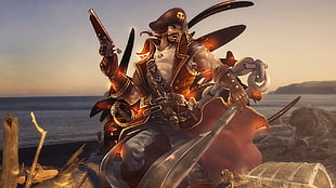 man holding gun and sword illustration, Gangplank, pirates, orange, League of Legends HD wallpaper