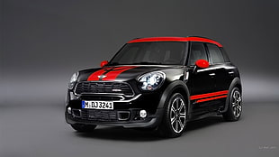 black and red striped Mini Cooper hatchback, car HD wallpaper