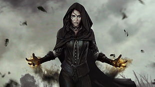 woman in black coat digital wallpaper