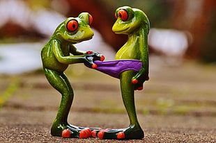 two green frogs ceramic toy in close-up photography