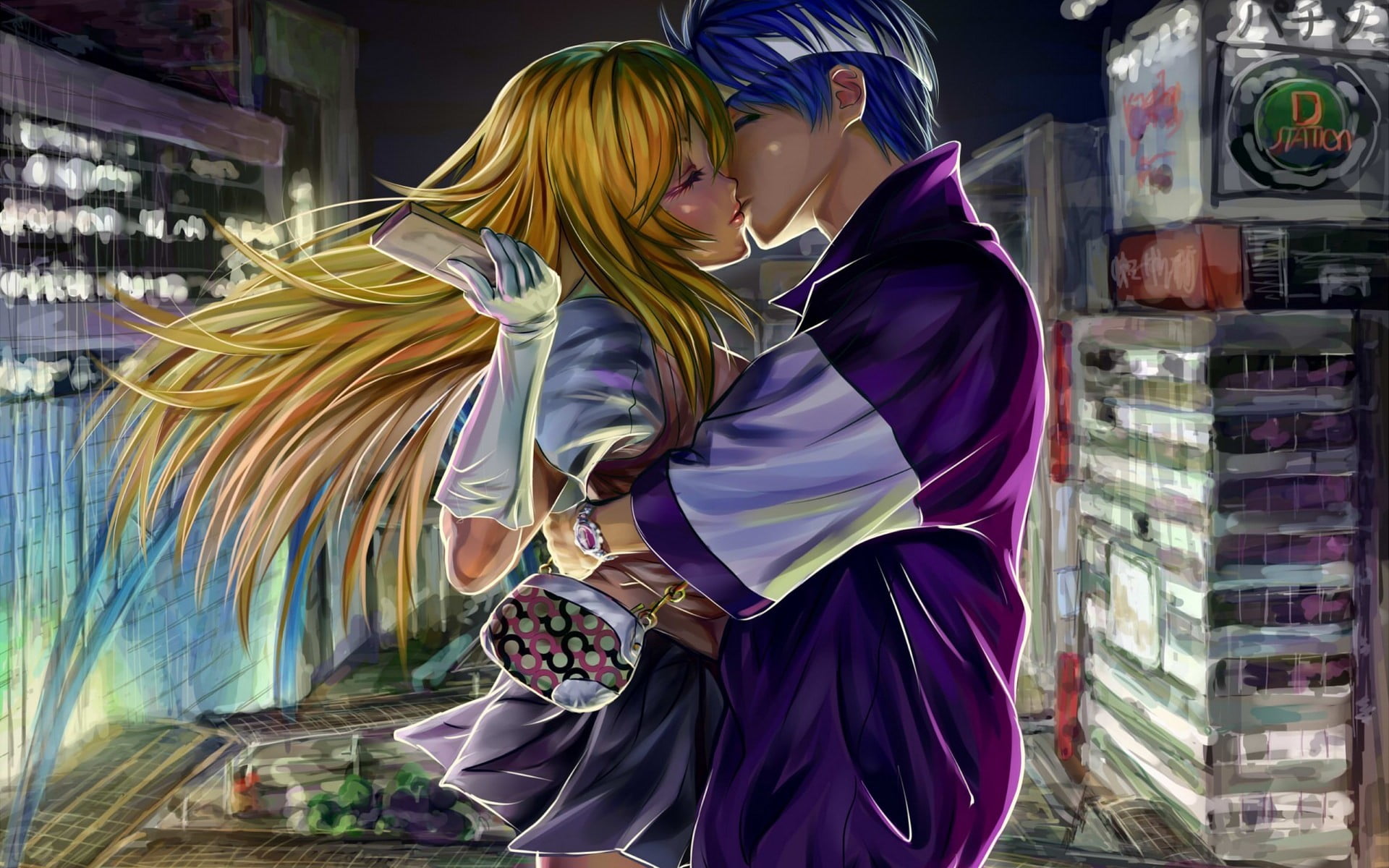 man and woman kissing anime illustration