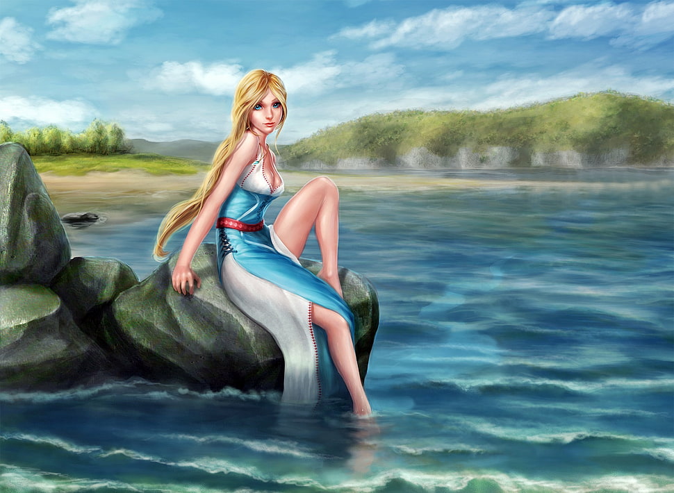 woman in blue and white slitted dress seating on rock beside body of water painting HD wallpaper