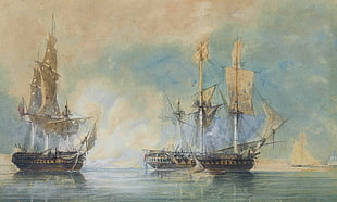 painting of two brown sail ships, artwork, sailing ship, sea, clouds HD wallpaper