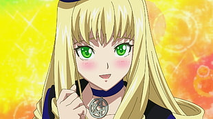 blond hair female anime character wearing pentragram choker HD wallpaper