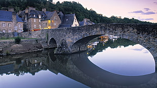 gray concrete bridge surrounded with village houses