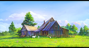 brown wooden house painting, barns, sheep, artwork HD wallpaper