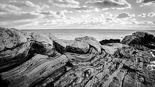 rock formation under cloudy sky, landscape, Maine, monochrome, USA