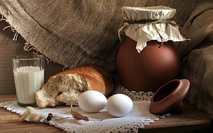 two white eggs near bread HD wallpaper