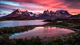 lake and mountains illustration, nature, landscape, mountains, trees