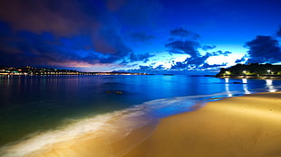 brown sand, sea, night, clouds, sky HD wallpaper